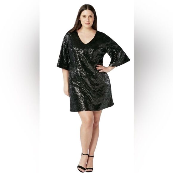 JustFab Black Sequin V-Neck Bell Half Sleeve Mini Dress - Picture 1 of 10